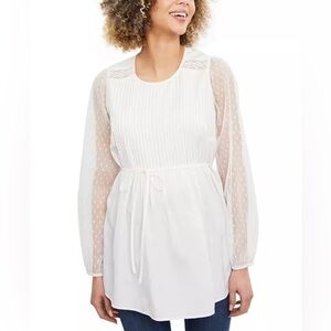 Motherhood Maternity Pleated White Top Sheer Long Sleeve Size Large